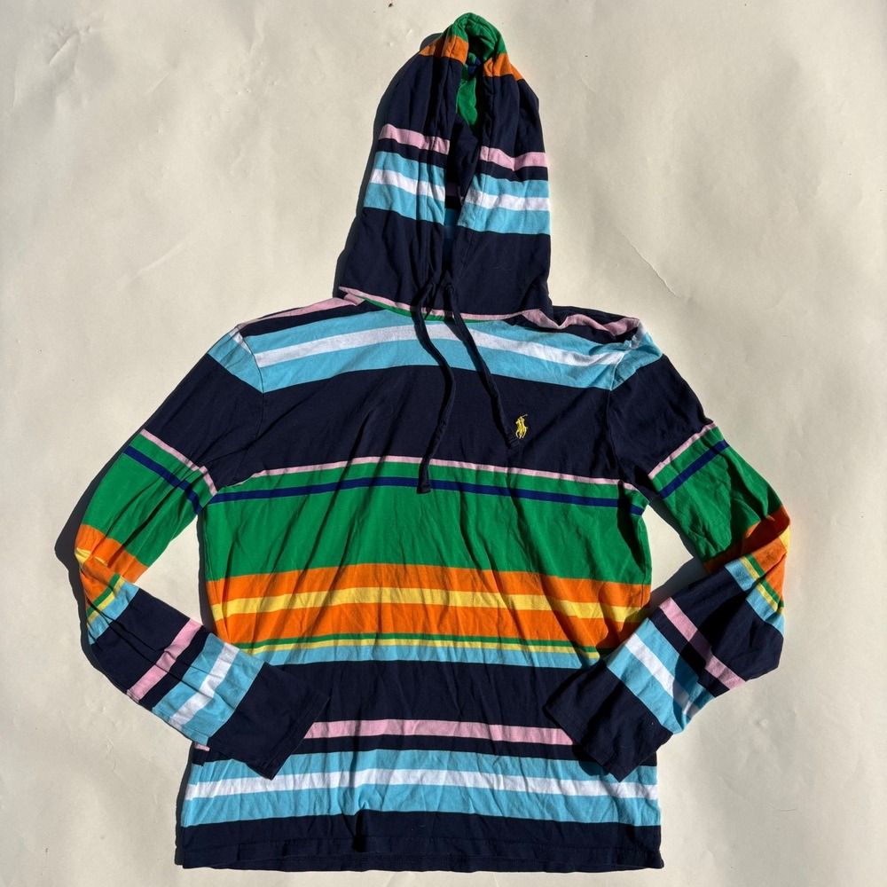 Polo Ralph Lauren Mens Striped Hooded Long Sleeve T-Shirt Navy Blue Multi Color